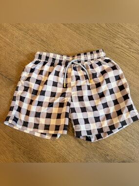 Boys Ancora Black & White Gingham Swim Trunks with Drawstring
